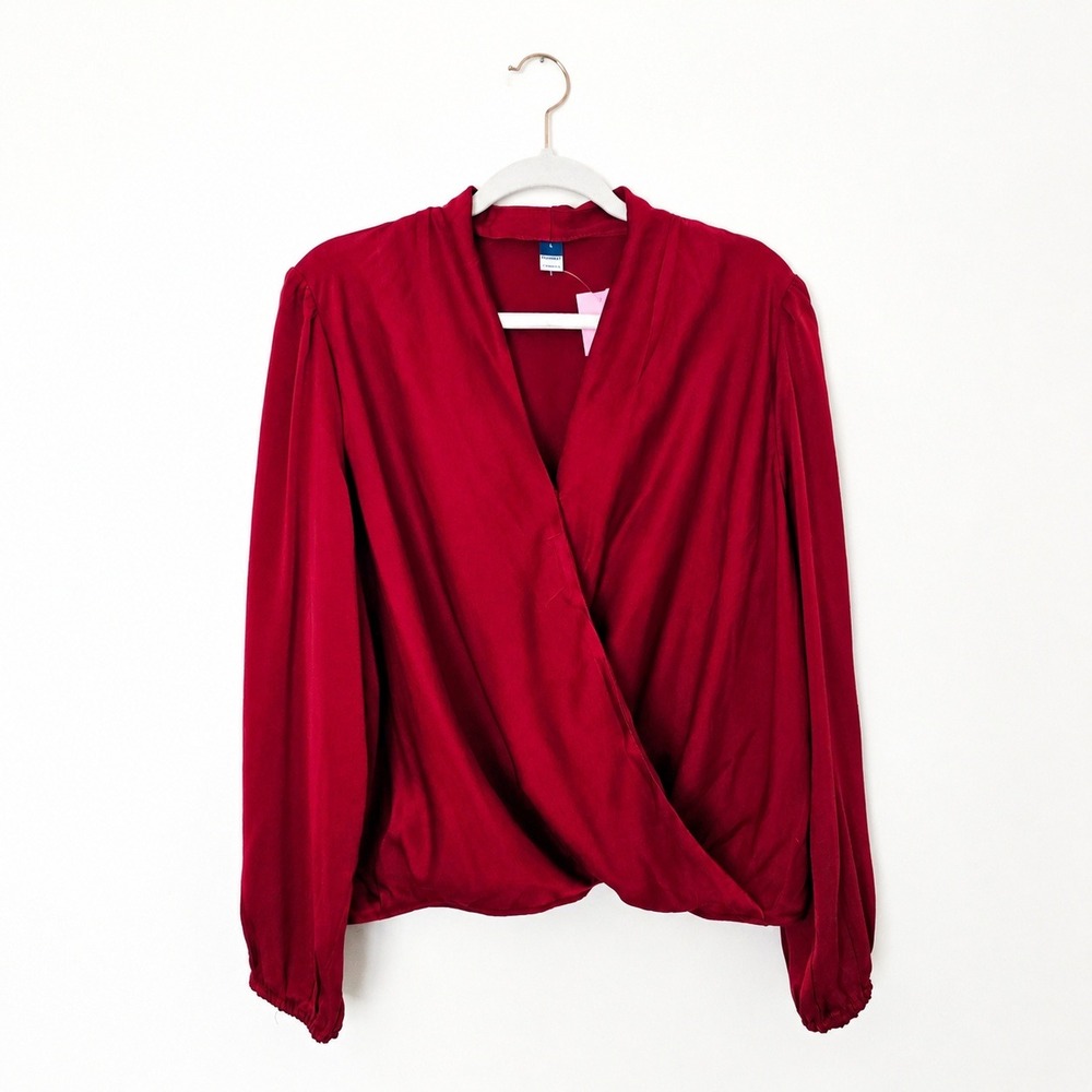 Old Navy Wrap Blouse Women Large Red NWT Surplice Long Sleeve V-Neck Top